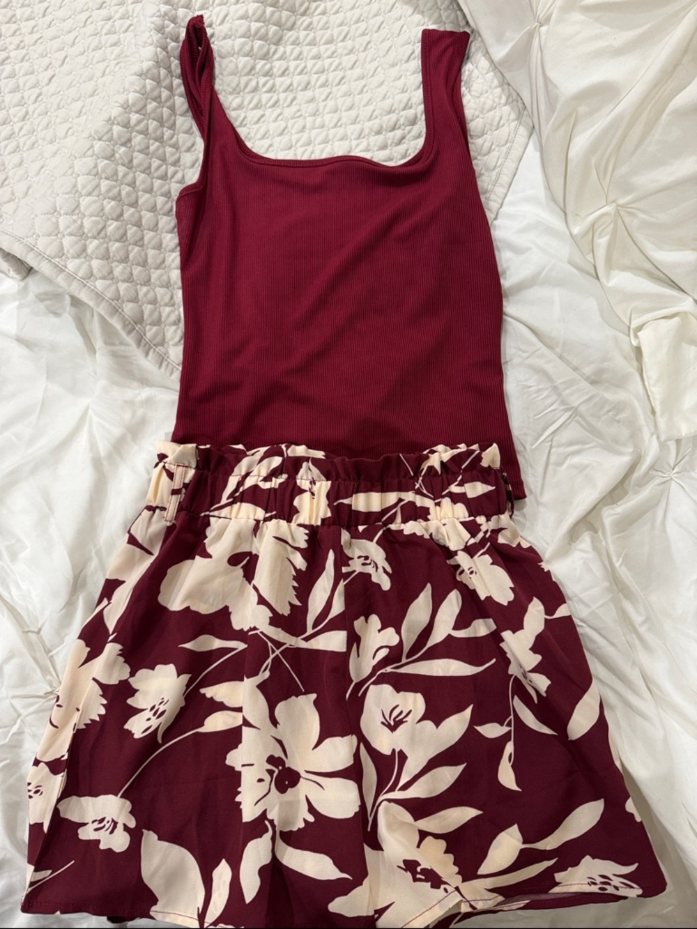SHEIN Burgundy Ribbed Tank & Floral Skirt Set fast shipping